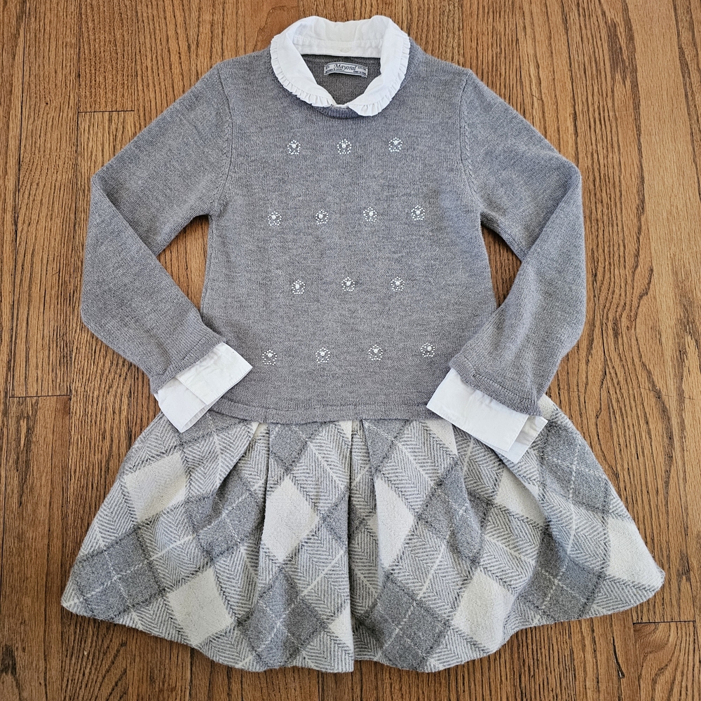 Mayoral Gray Plaid Sweater Dress With Pearl Accents Holidays Winter Girls Size 6